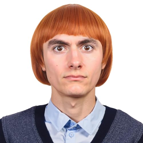 ColorGround Short Straight 60 70s Bowl Cut Funny Wig for Men Crazy Mushroom Cosplay Wig for Halloween (Orange)