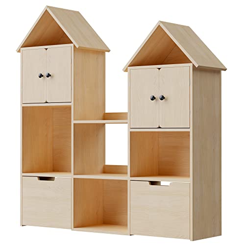 Cozy Castle Wooden Kids Bookshelf With Toy Box, Toy Storage Organizer With Wheels, Kids Bookcase For Playroom, Bedroom, Gift For Ages 3+, Oak #TOP7