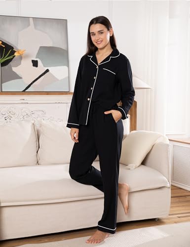 Image of Womens Muslin Pajama Set 100% Cotton Double Gauze Linen Like | Breathable Soft Comfort Button Up Loungewear Sleepwear PJ Set