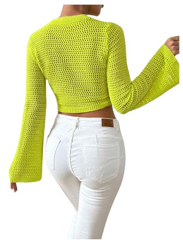 Image of SweatyRocks Women's Floral Flare Sleeve Hollow Out Pullover Cropped Sweaters Yellow Large