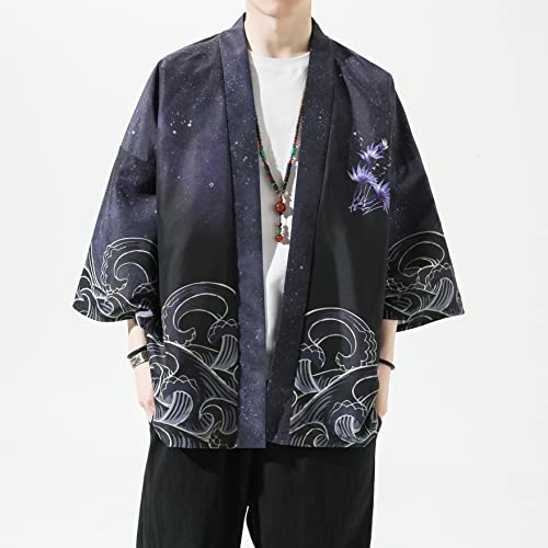 Image of Men's Japanese Kimono Robe Jacket Lightweight 3 /4 Sleeve Open Front Yukata | Silky Smooth Fashion Print Happi Coat Lightweight Breathable Loose Unisex Haori Casual Summer Cardigan Daily Beach Vacation