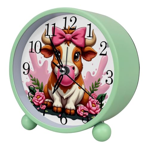 Luoweisi Reloj despertador de vaca con lazo rosa, silencioso sin tictac con luz nocturna, reloj despertador redondo de metal para oficina, funciona con pilas, dormitorio, ancianos, adultos, niños