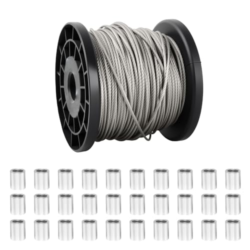 Cable de Acero Inoxidable 304 2mm 7x7, 50M con 30 Lazos de Engarzado de Aluminio, Cuerda de Alambre Resistente para Tendedero, Barandillas, Fotos, Jardín, Toldos