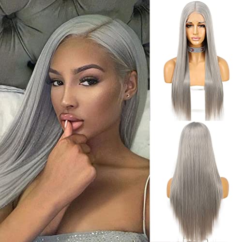 Wigoddess Lace Front Wigs Grey Silver Long Straight Natural Hair 22inch at Resistant Synthetic Lace Front Wig Daily Party Queen Makeup Gift Wig For Women (T Part Wig, T-818)