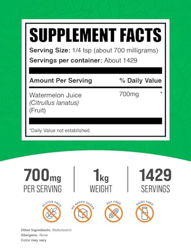 Image of BulkSupplements Watermelon Juice Powder - Fruit Hydration Supplement - 700mg per Serving, 1kg (2.2 lbs) (Pack of 1)