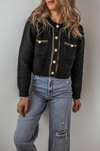 Chic Women's Black Shimmer Button-Up Cardigan with Flap Pockets4