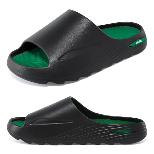 HMLHML Mens Recovery Slides - Orthotic Arch Support Sandals for Plantar Fasciitis,Comfortable Cushioned Sport Slides with Open Toe, Reduces Foot & Joint Stress, Size 7(Black-Green)