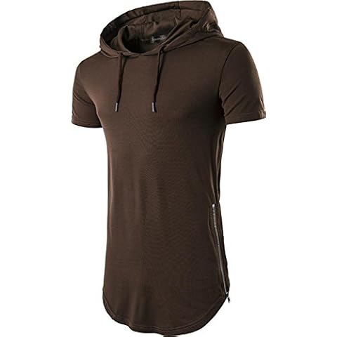 Sportides Mens Casual Longline T-Shirt Short Sleeve Hoodies Zipper Hip Hop Tee Tops JZA028 Coffee M Cover