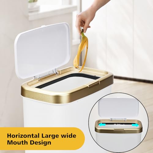 Image of Bathroom Trash Can with Lid, 4 Gallon Modern Garbage Can with Removable Legs, Plastic Garbage Bin, Slim White and Gold Trashcans for Bedroom, Living Room, Office, Kitchen