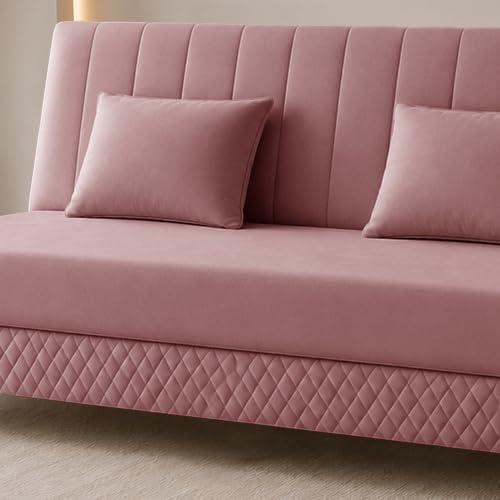 Image of Rosebell Modern 3 Seater Velvet Sofa Cum Bed with Cushion | Premium Upholstered Fabric | Tufted Backrest | Wooden Legs | Living Room Furniture | Rose Pink