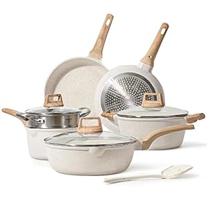 CAROTE Pots and Pans Set Nonstick, White Granite Induction Kitchen Cookware Sets, 10 Pcs Non Stick Cooking Set w/Frying Pans & Saucepans(PFOS, PFOA Free)