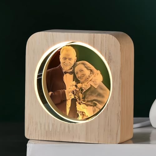 SHENGBEIDZ Marco Redondo De Fotos con Luz Nocturna De Cristal Personalizada, Bola De Cristal con Foto Y Texto Personalizados con Base De Madera, Decoración For Habitación Infantil Aniversario(Square)
