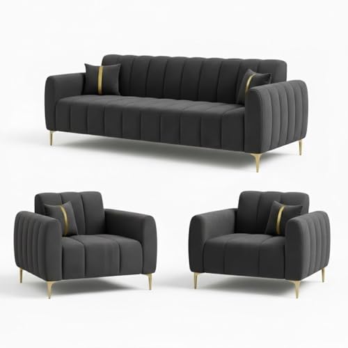 Image of FURNY Harmony 5 Seater Velvet Fabric 3+1+1 Sofa Set (Dark Grey) with Golden Finish Legs | Durable Comfort | Ideal for Living Room
