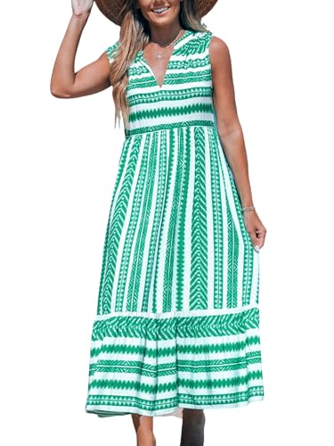 Image of CUPSHE Women's Ruffle Beach Maxi Dress Split V Neck A Line Sleeveless Stripe Geometric Pattern Casual Summer Dresses