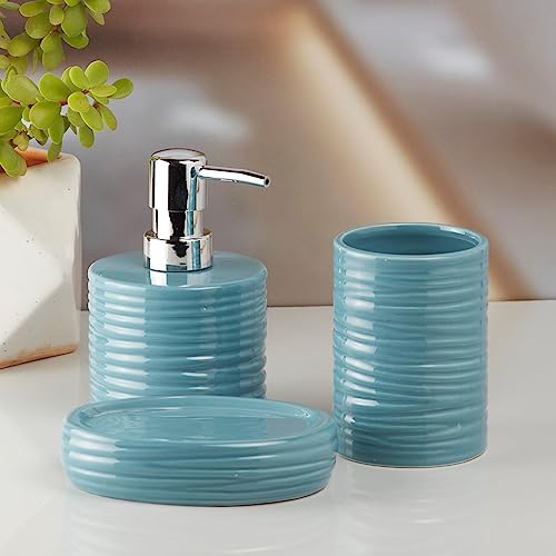 Image of SaSaSa Ceramic Bathroom Set of 3 Modern Bath Accessories Kit with Soap Dispenser, Toothbrush Holder & Dish - Stylish & Elegant Bathroom Decor, Blue (10197)