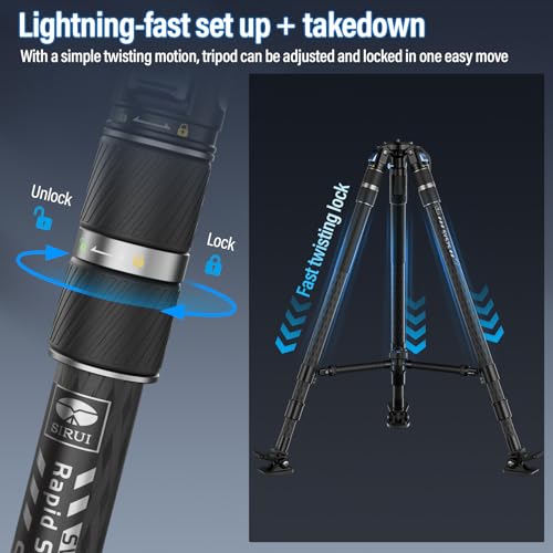 SIRUI SVS75 Professional Video Tripod for Camera, 61" Carbon Fiber Tripod with One-Step Height Adjustment, Mid-Level Spreader, Load up to 55.1lbs - Image 3