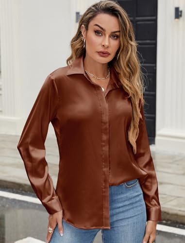 Neweek Womens Satin Button Down Shirts Long Sleeve Dress Shirts Silk Work Blouses for Women Dressy Casual Tunic Tops4