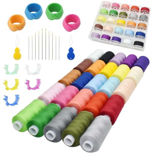 SHRJ 71pcs 25 Colors Bobbins Sewing Threads Kit, 400 Yards Polyester Thread Spools Prewound Bobbin Needles Clips Holders with Case for Hand Machine Sewing, Emergency and Travel, DIY and Home