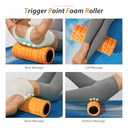 5-in1-Foam-Roller-Set-Trigger-Point-Foam-Roller-Massage-Roller-Stick-Massage-Ball-Resistance-Band-for-Deep-Muscle-Massage-Pilates-YogaFitness-Exercise-for-Whole-Body-Orange-Black