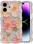 EYZUTAK Cas pour iPhone 16, Tableau coloré Retro Laser imprimé fleurs motif brillant Cute Curly Wave Edge Exquise couverture de téléphone Stylish durable TPU Housse de protection pour les femmes-vertes
