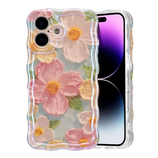 EYZUTAK Case for iPhone 17, Colorful Retro Oil Painting Printed Flower Laser Glossy Pattern Cute Curly Wave Edge Exquisite Phone Cover Stylish Durable TPU Protective Case for Girl Women-Green