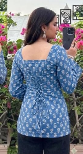 Image of Women's Rayon Printed Short Kurti | Straight Fit Casual Ethnic Top | Square Neck Full Sleeve Ladies Kurti Office College