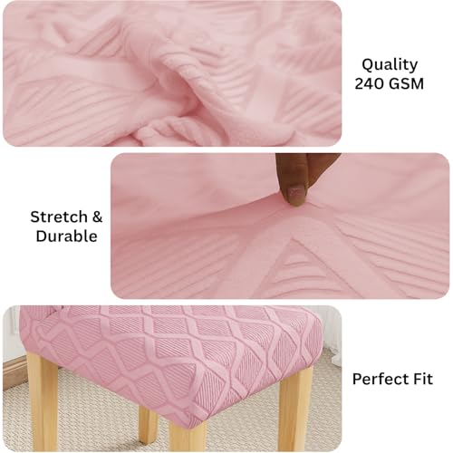 Image of Lukzer Elastic Dining Chair Cover - 2PC Pastel Pink Diamond Pattern | Textured High Stretch Jacquard Seat Cover | Removable Washable Short Dining Chair Cover Protector Seat Slipcover | (CC-154-02)