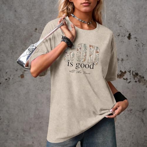 Image of Christian God is Good Shirts for Women Jesus Faith Religious T Shirts Floral Graphic Oversized Acid Washed Tee Tops