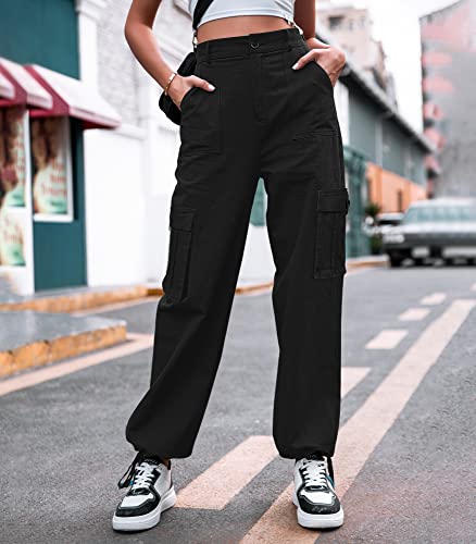 Dordanity Y2K Cargohose für Damen Baggy Hosen High Waist Wanderhose Baumwolle Arbeitshose mit Multi Taschen(Schwarz,L)