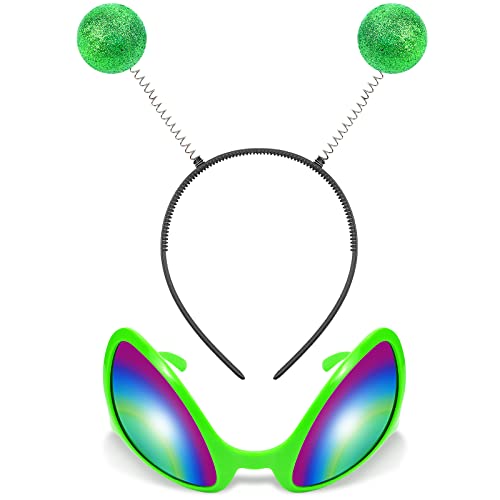 Halloween Green Alien Headband and Glasses Set Boppers Antenna Headband Rainbow Lens Sunglasses for Alien Theme Halloween Cosplay Party Supplies