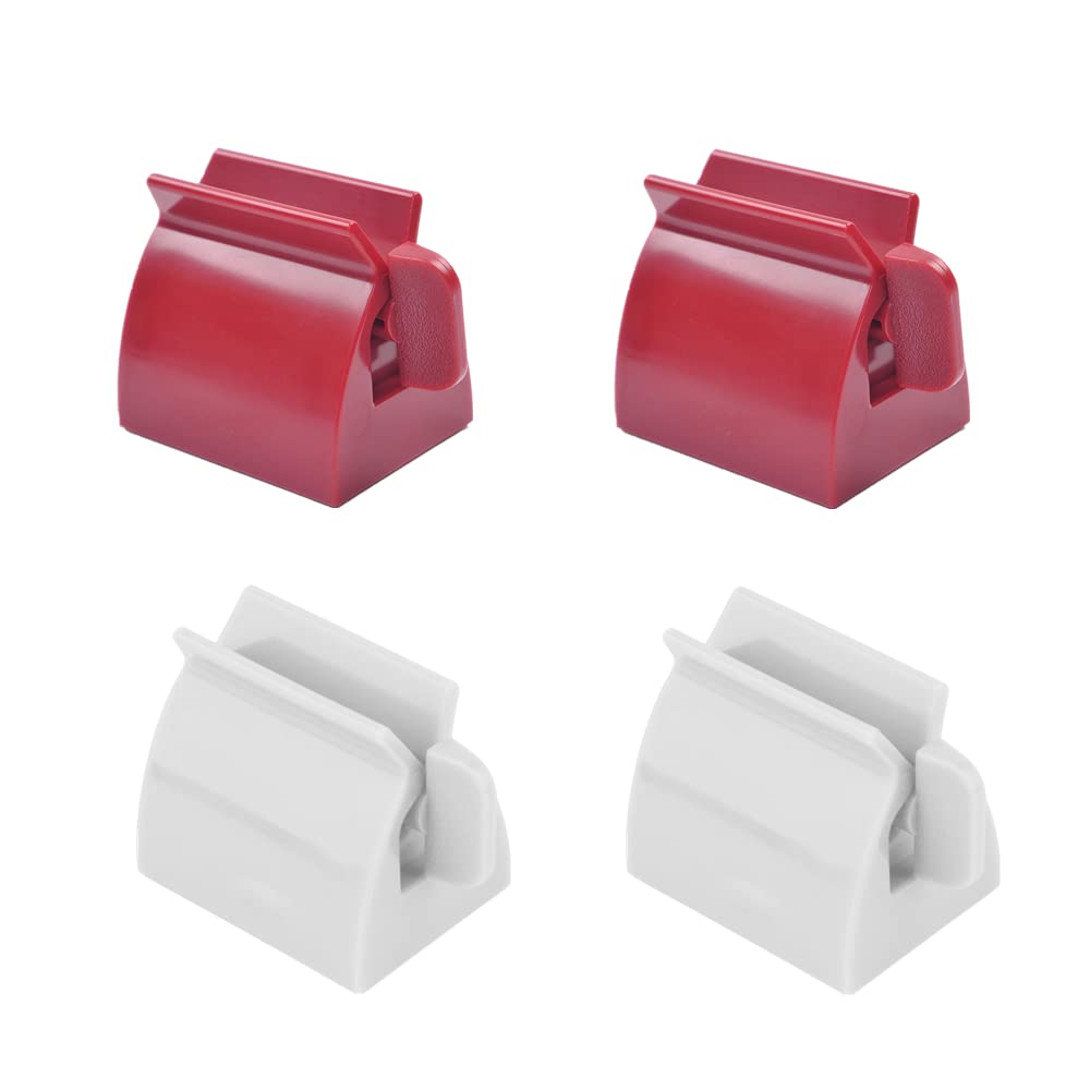 Reyin-Chhn Multicolored 4Pcs Red & White Rolling Tube Toothpaste Squeezer, Plastic Dispenser With Rubber Pad, Toothpaste Holder Stand For Bathroom Cosmetics Ketchup Paint