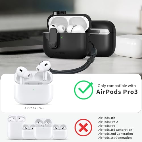 Image of for AirPods Pro 3 Case(2025) with Secure Lock Clip, Automatic Pop-up Full Drop Protective Hard Cover for Apple AirPod Pro 3rd Generation with Lanyard & Cleaning Kit (Black-A)