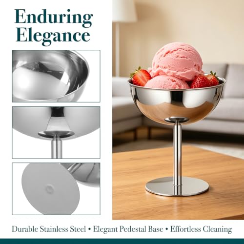 Image of 4PCS Stainless Steel Dessert Bowls, 5oz Ice Cream Cups, Stem Footed Metal Sundae Serving Dishes, Shatterproof Pudding Containers, Reusable Coupe Dessert Cup for Weddings Party Family Gathering(Silver)