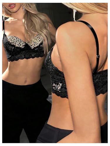 MakeMeChic Women's Cheetah Print Bra Floral Lace Bra Spaghetti Strap Scallop Trim Bralette2