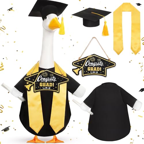 Mindsoft 4 Pcs Graduation Porch Goose Outfit with Congrats Grad Wooden Sign Graduation Cap and Gown Stoles Goose Outfit for 23 Cement Plastic Geese Statue Outdoor Patio Yard Lawn Art Decoration