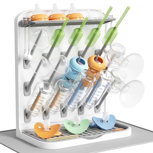 Image of Lifewit Large Baby Bottle Drying Rack with Drain Mat & 15 Hooks, Newborn Essentials Must Haves, Countertop Holder Organizer for Baby Stuff, Rack Dryer for Pacifiers, Weighted Straws, Pump Parts