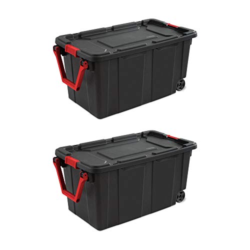 Image of Sterilite 2-Pack Industrial Tote, Heavy-Duty Storage Bins w / Lids and Wheels, 40 Gallon - Stackable Organizing Containers for Home, Garage, Office, and Basement