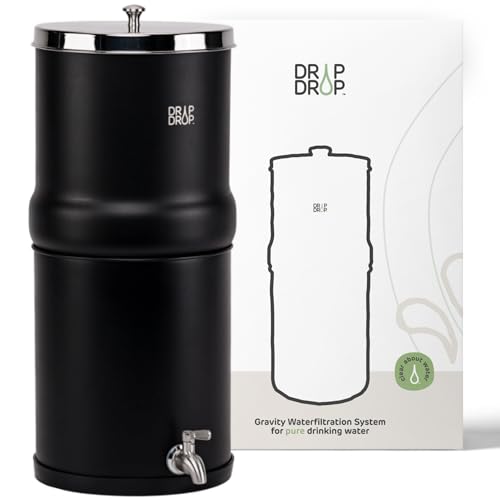 DripDrop Gravity Water Filtration System (8.5 Litres) | 2 x DripDrop Carbon Gravity Water Filter Included, Stainless Steel Tap, Water Filtration System, Activated Carbon Filter (Black)