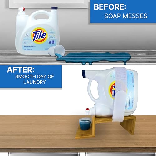 Image of Liquid Laundry Detergent Holder Stand with Tray & Strap - 2 Pack - Wood | Easy Pouring, Rubber Feet, Angled Stand, Fabric Softener Dispenser for Laundry Room Organization & Storage