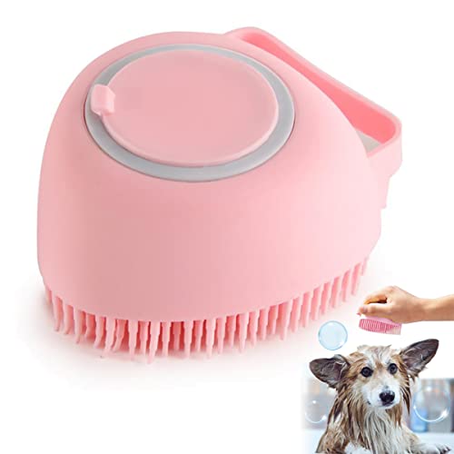 Dog Bath Brush Pet Grooming Brush - OYANTEN Soft Silicone Massage Brush with Shampoo Dispenser, Rubber Bristle for Dogs and Cats Shower Comb Supplies (Heart Shape Pink)