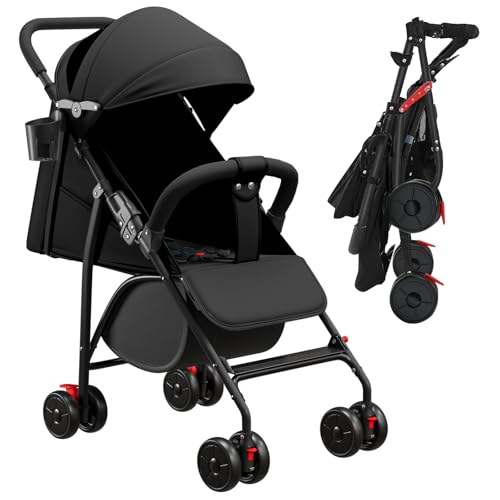OHMG Buggy Kinderwagen ab 6 Monate bis 4 Jahre,stroller,Baby Sportwagen,Leichtes Kinderwagen-Buggy,PU-Räder,5-Punkt-Gurt,Faltbar,Moskitonetz,Getränkehalter,bis 22 kg (C-Schwarz)