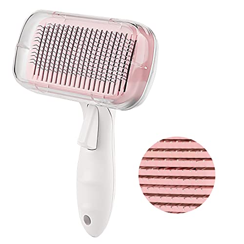 CMQC Self Cleaning Slicker Brush for Cats & Dogs Pet Grooming Brush Tool for Shedding Pets Hair Brush for Long Short Haired Dog Cat to Remove Tangles, Loose Fur, Mats (Pink)