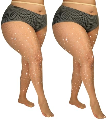 Image of Plus Size Fishnet Tights Sparkle Stockings Glitter Pantyhose High Waist Fine Mesh Stockings Value Pack of 2