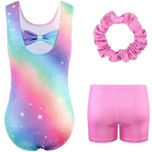 HOZIY Girls Gymnastics Leotards Outfits Sparkly Bow Back Unitards Biketard with Tumbling Shorts Hair band Kids 3-10 Years