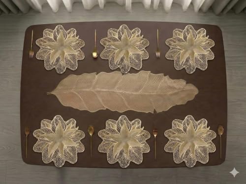 Image of Dakshya Industries PVC Waterproof Dining Table Mat Set of 7 (6 Placemats + 1 Table Runner) | Heat Resistant Washable Non Slip Leaf Design Table Mats for Dining Table Kitchen Coffee Table Home Decor