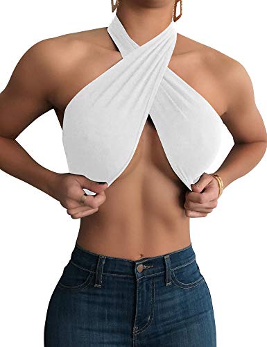 Mokoru Women's Sexy Sleeveless Halter Criss Cross Tank Crop Tops