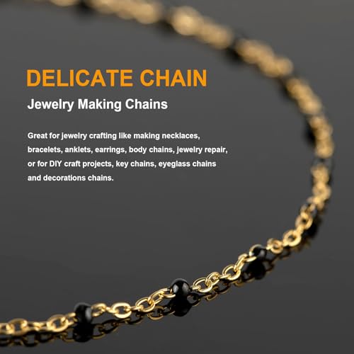 KYUNHOO 16.4 Feet Gold Plated Chain for Jewelry Making Solid Stainless Steel Cable Chain Black Beaded Jewelry Chain Roll with Lobster Clasps Jump Rings