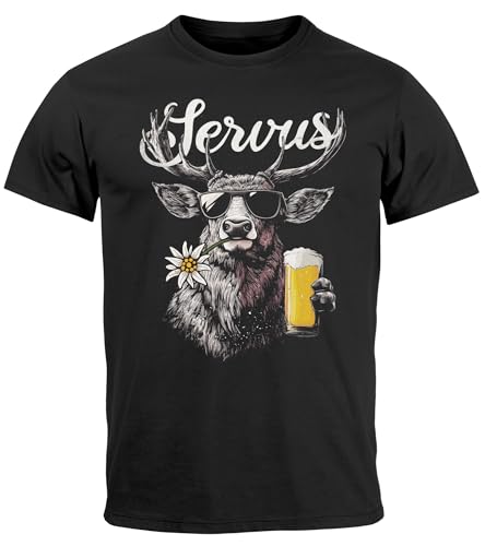 Neverless® Herren T-Shirt Hirsch Tracht Modern Lustig Volksfest Bayern Servus Hallo Bier Fashion schwarz XL