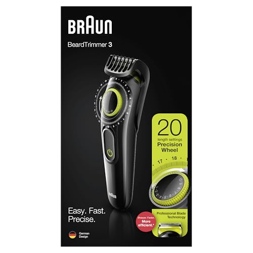 Braun Men's Beard Trimmer Series 3 Hair Clippers & Lifetime Sharp Blades, Precision Dial for 20 Length Settings, UK 2 Pin Plug, BT3323, Black/Volt Green