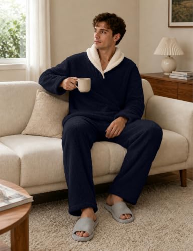 Image of Mens Fluffy Coral Fleece Pajamas Set Pullover Pants Loose Plush Warm Loungewear Sleepwear